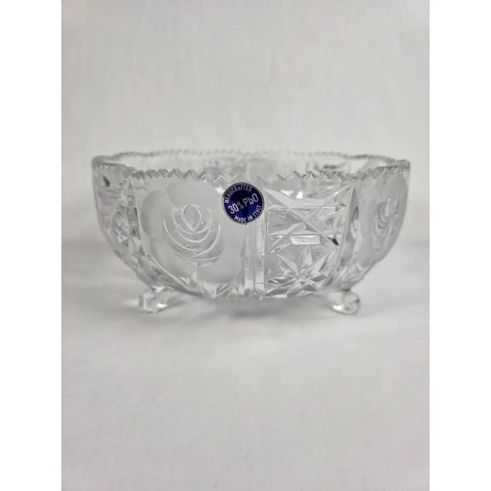 Handcrafted Italian Crystal Bowl 30% PbO Lead Glass Floral Footed‎ Sawtooth Rim